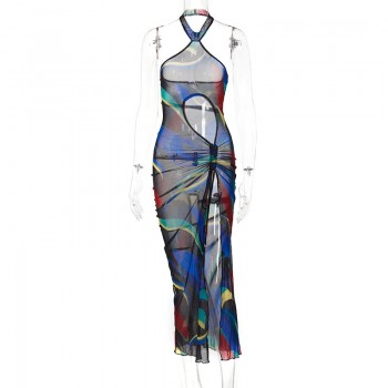 2021 Sleeveless Turtleneck Asymmetric Hollow Out Slit Sexy Dress Summer Women Streetwear